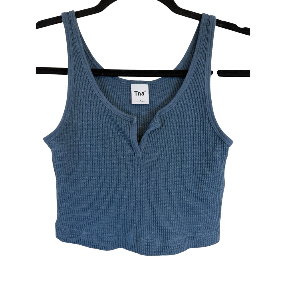 Tna Aritzia Blue Waffle Knit Notch Neck Cropped Tank Top Small